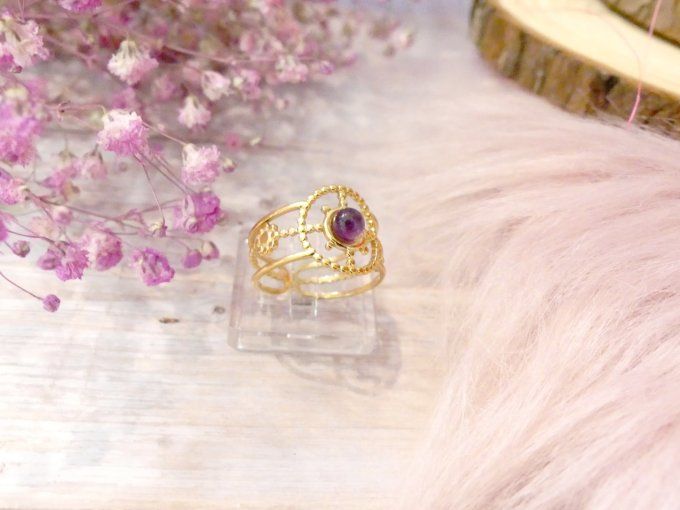 Bague SPIRIT en acier doré 18k et améthyste