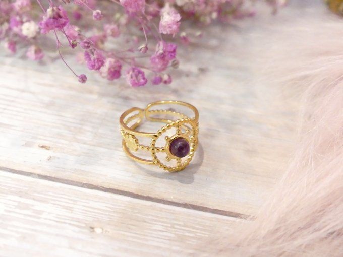 Bague SPIRIT en acier doré 18k et améthyste