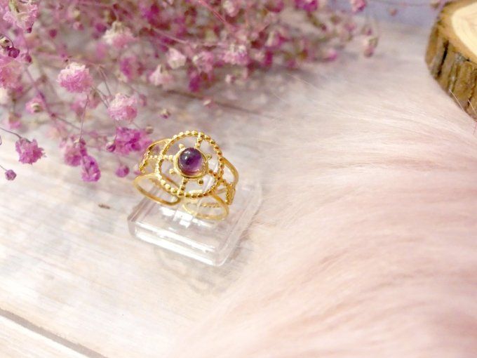 Bague SPIRIT en acier doré 18k et améthyste