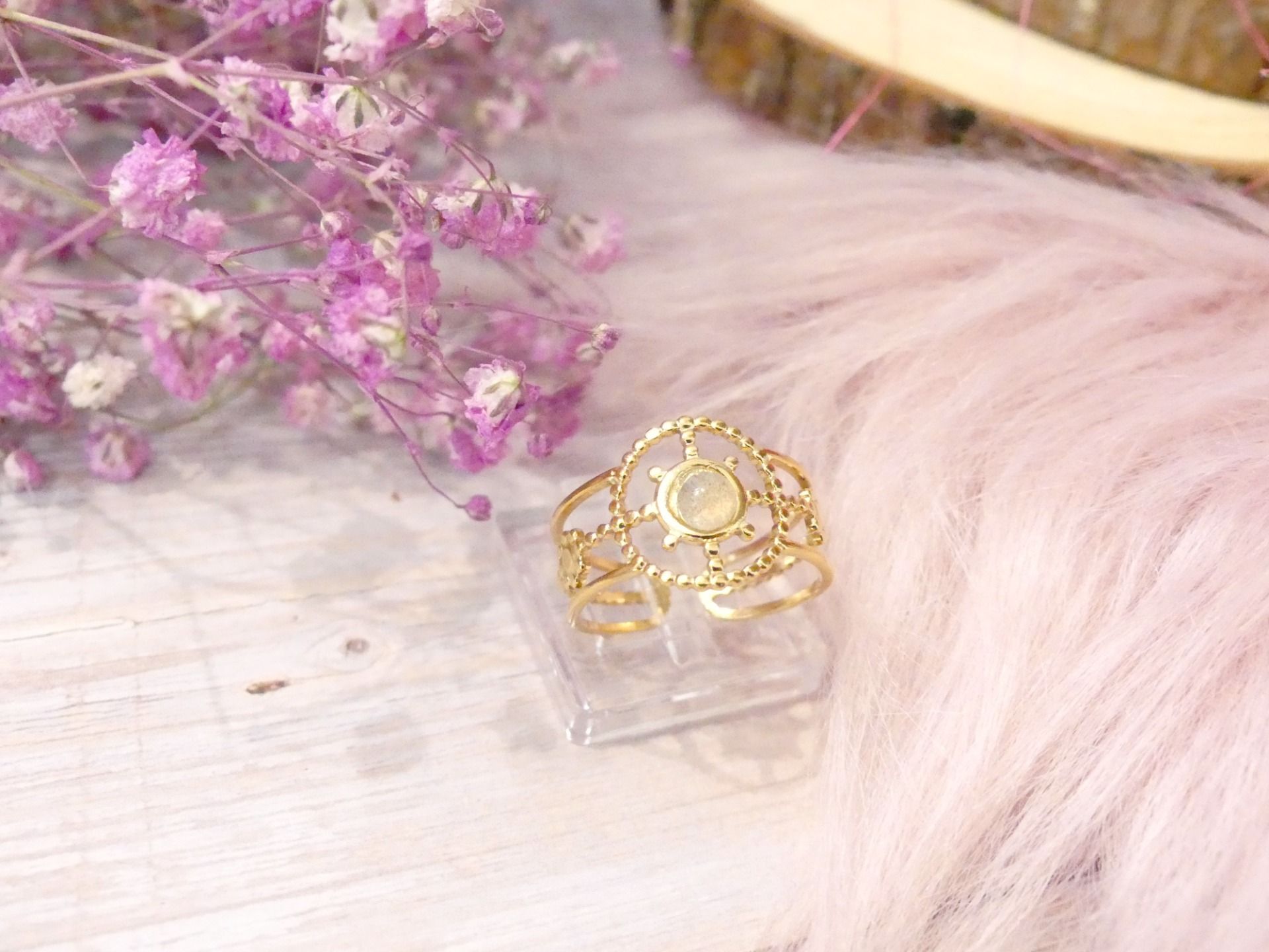 Bague SPIRIT acier doré et pierre de lune