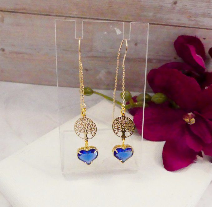Boucles d'oreilles plaqué or arbre de vie coeur bleu