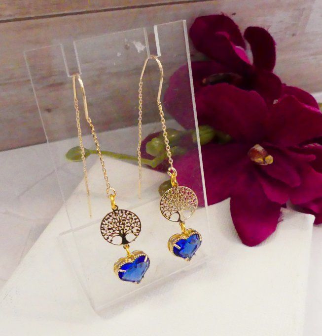 Boucles d'oreilles plaqué or arbre de vie coeur bleu