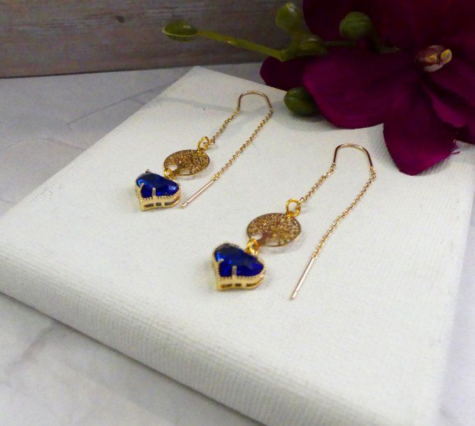 Boucles d'oreilles plaqué or arbre de vie coeur bleu