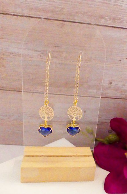 Boucles d'oreilles plaqué or arbre de vie coeur bleu