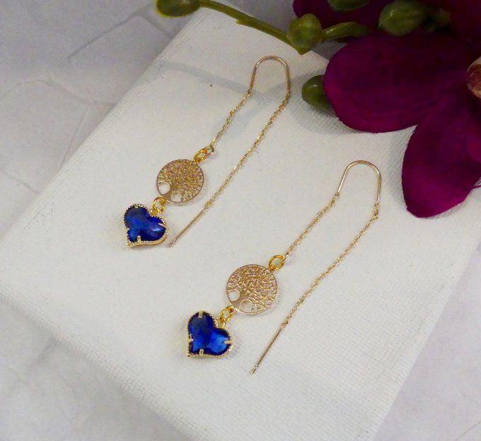 Boucles d'oreilles plaqué or arbre de vie coeur bleu