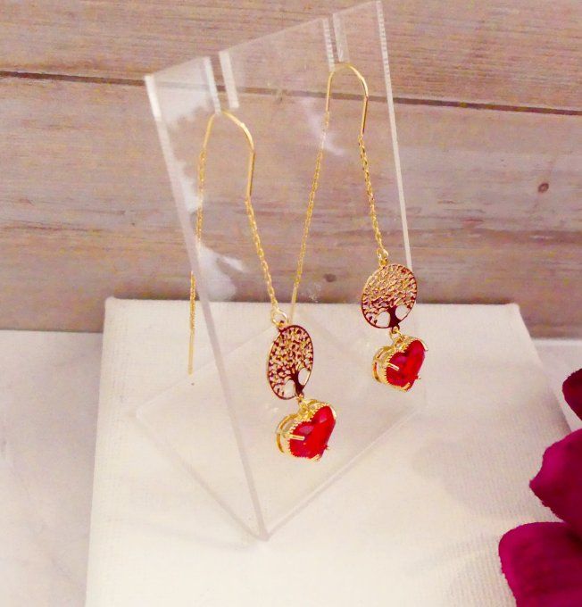 Boucles d'oreilles plaqué or arbre de vie coeur rouge
