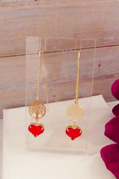Boucles d'oreilles plaqué or arbre de vie coeur rouge