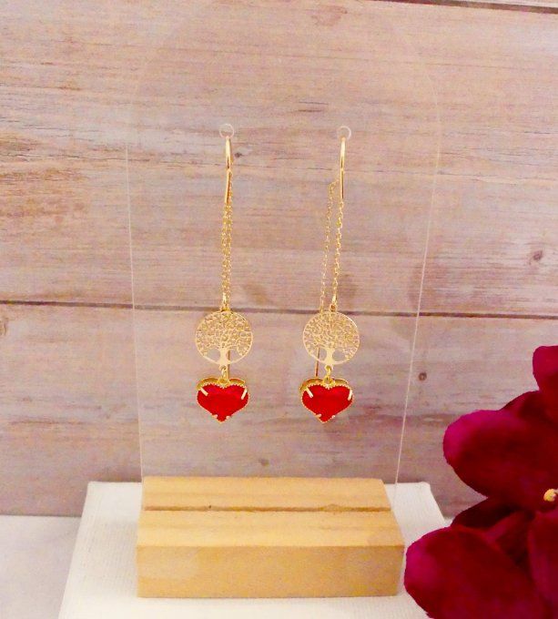 Boucles d'oreilles plaqué or arbre de vie coeur rouge
