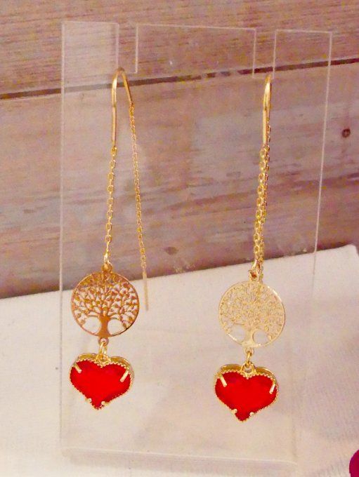 Boucles d'oreilles plaqué or arbre de vie coeur rouge