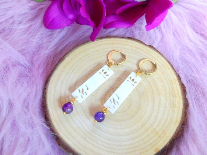 Boucles d'oreilles barettes de nacre en acier doré et améthyste