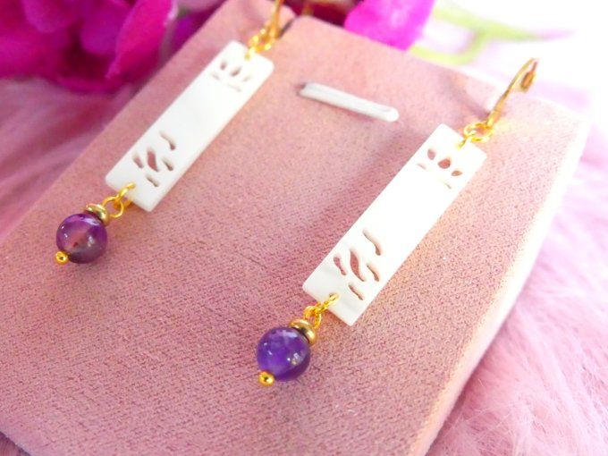 Boucles d'oreilles barettes de nacre en acier doré et améthyste