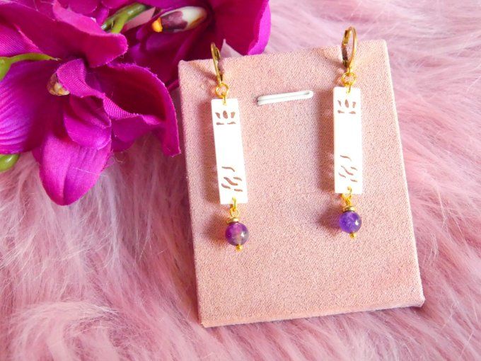 Boucles d'oreilles barettes de nacre en acier doré et améthyste