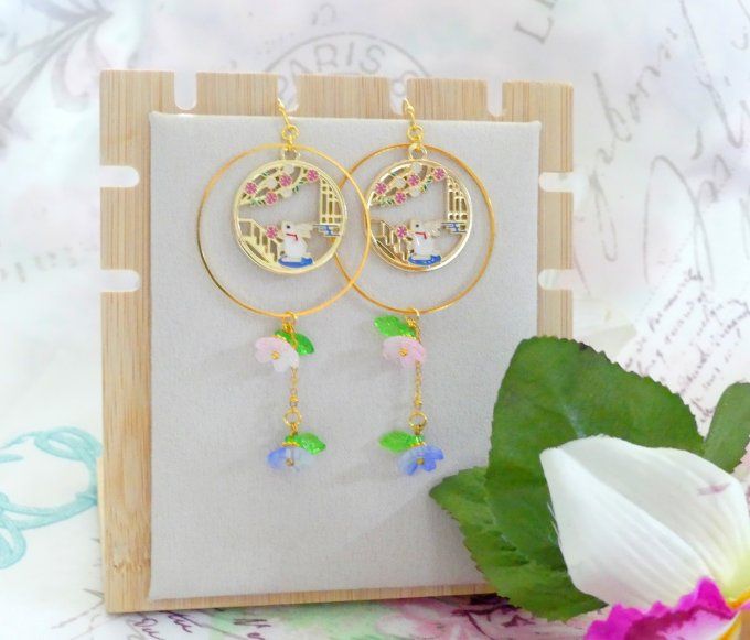 Boucles d'oreilles pendantes doré lapin sakura