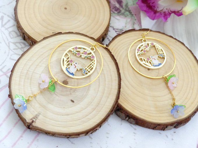 Boucles d'oreilles pendantes doré lapin sakura