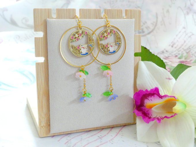 Boucles d'oreilles pendantes doré lapin sakura