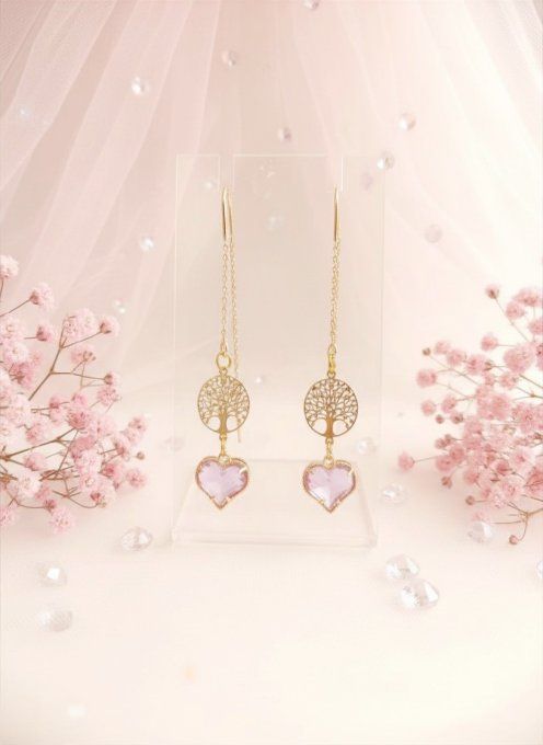 boucles d'oreilles plaqué or arbre de vie et coeur mauve