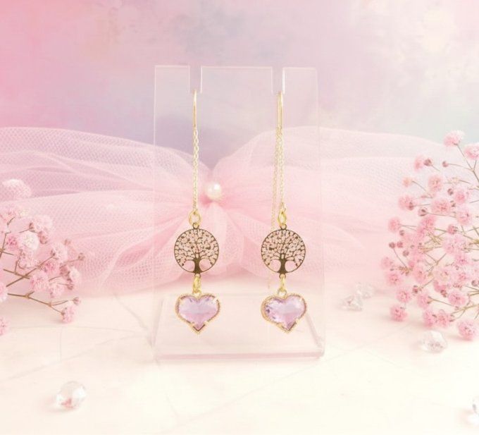boucles d'oreilles plaqué or arbre de vie et coeur mauve