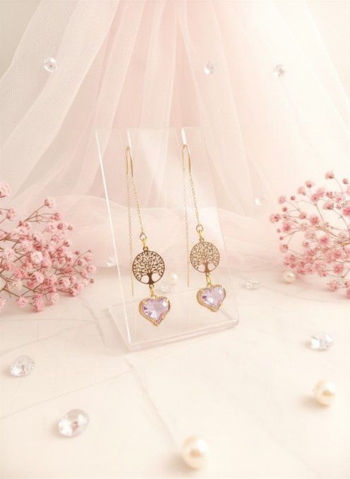 boucles d'oreilles plaqué or arbre de vie et coeur mauve