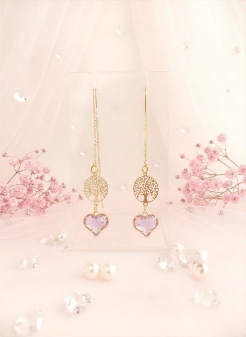boucles d'oreilles plaqué or arbre de vie et coeur mauve