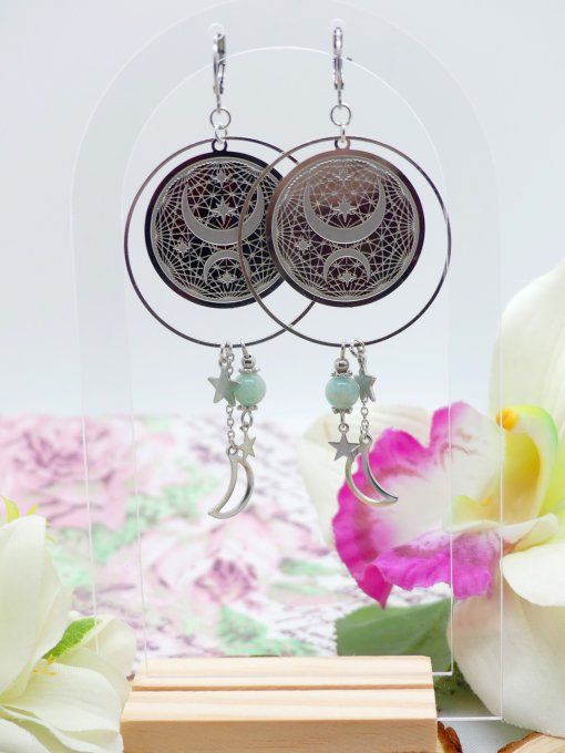 Boucles d'oreilles pendantes cycle lunaire acier argent et aventurine