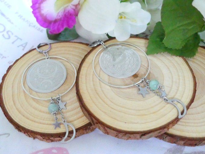 Boucles d'oreilles pendantes cycle lunaire acier argent et aventurine