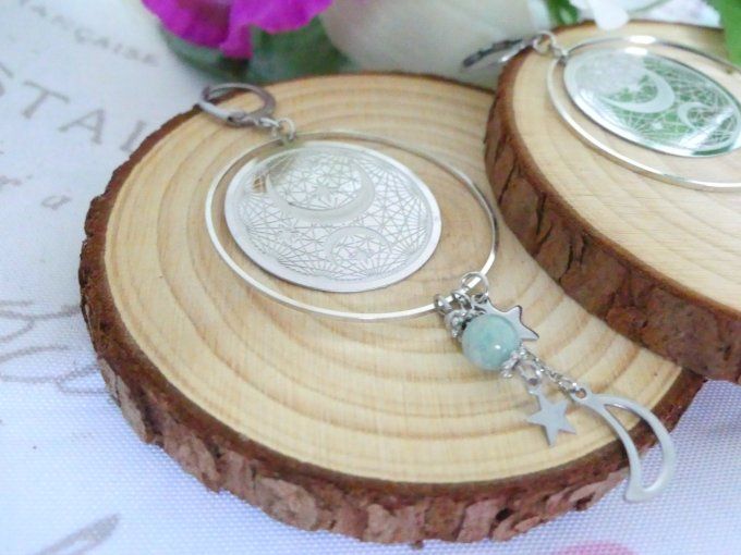 Boucles d'oreilles pendantes cycle lunaire acier argent et aventurine
