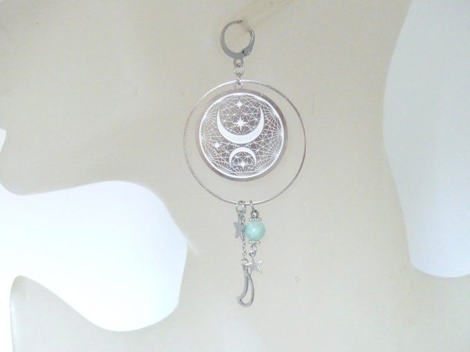 Boucles d'oreilles pendantes cycle lunaire acier argent et aventurine