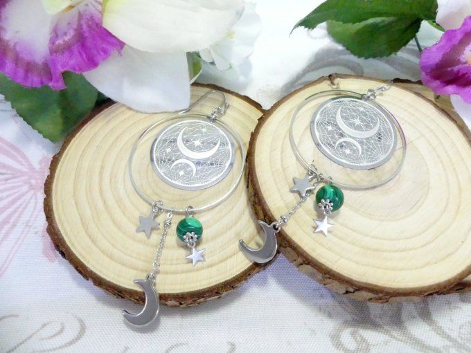 Boucles d'oreilles pendantes  cycle lunaire en acier inoxydable argent  et malachite