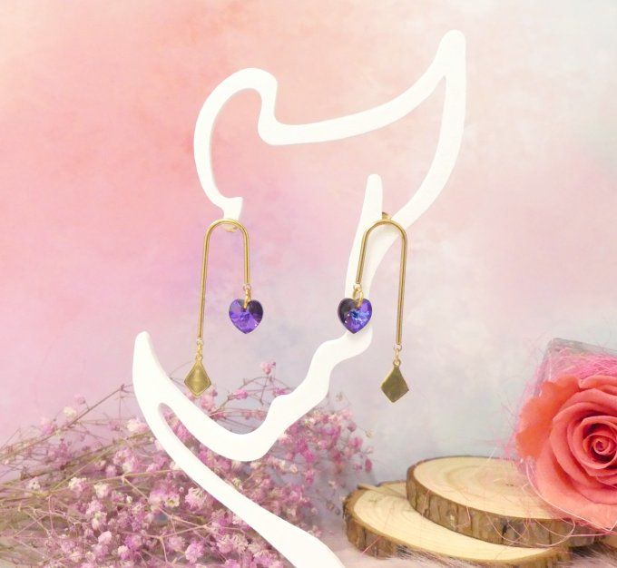 Boucles d'oreilles duo en acier doré 18k et cristal violet