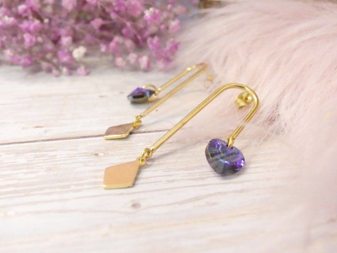 Boucles d'oreilles duo en acier doré 18k et cristal violet