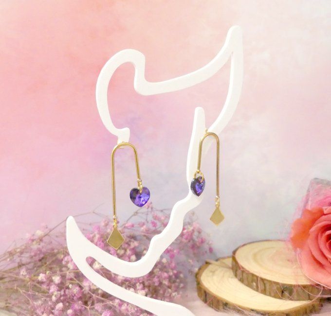 Boucles d'oreilles duo en acier doré 18k et cristal violet