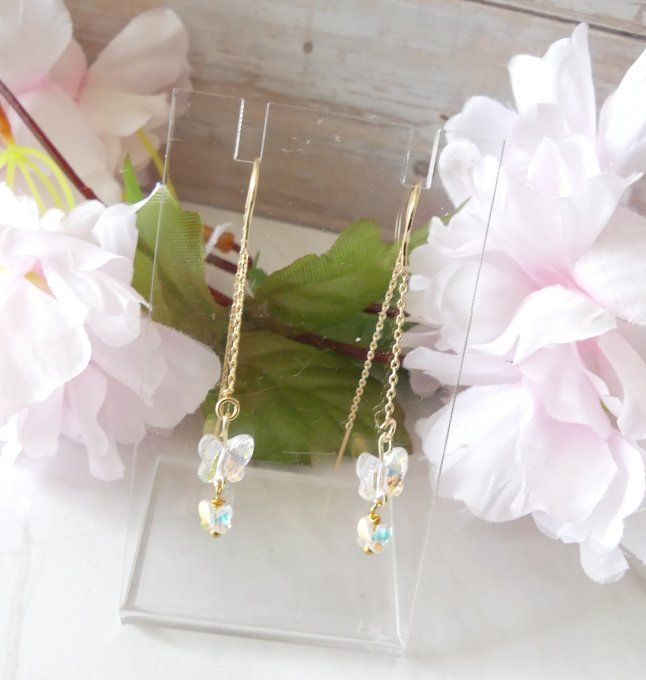 Boucles d'oreilles 18k et papillons en cristal