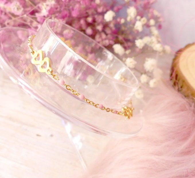 Bracelet coeur en acier doré 18k et sa chaîne en émail rose