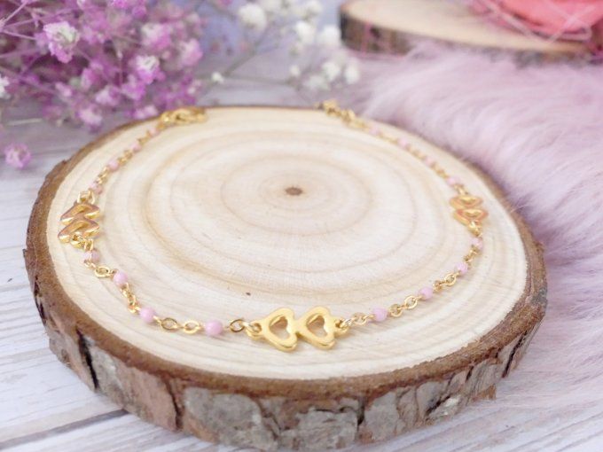 Bracelet coeur en acier doré 18k et sa chaîne en émail rose