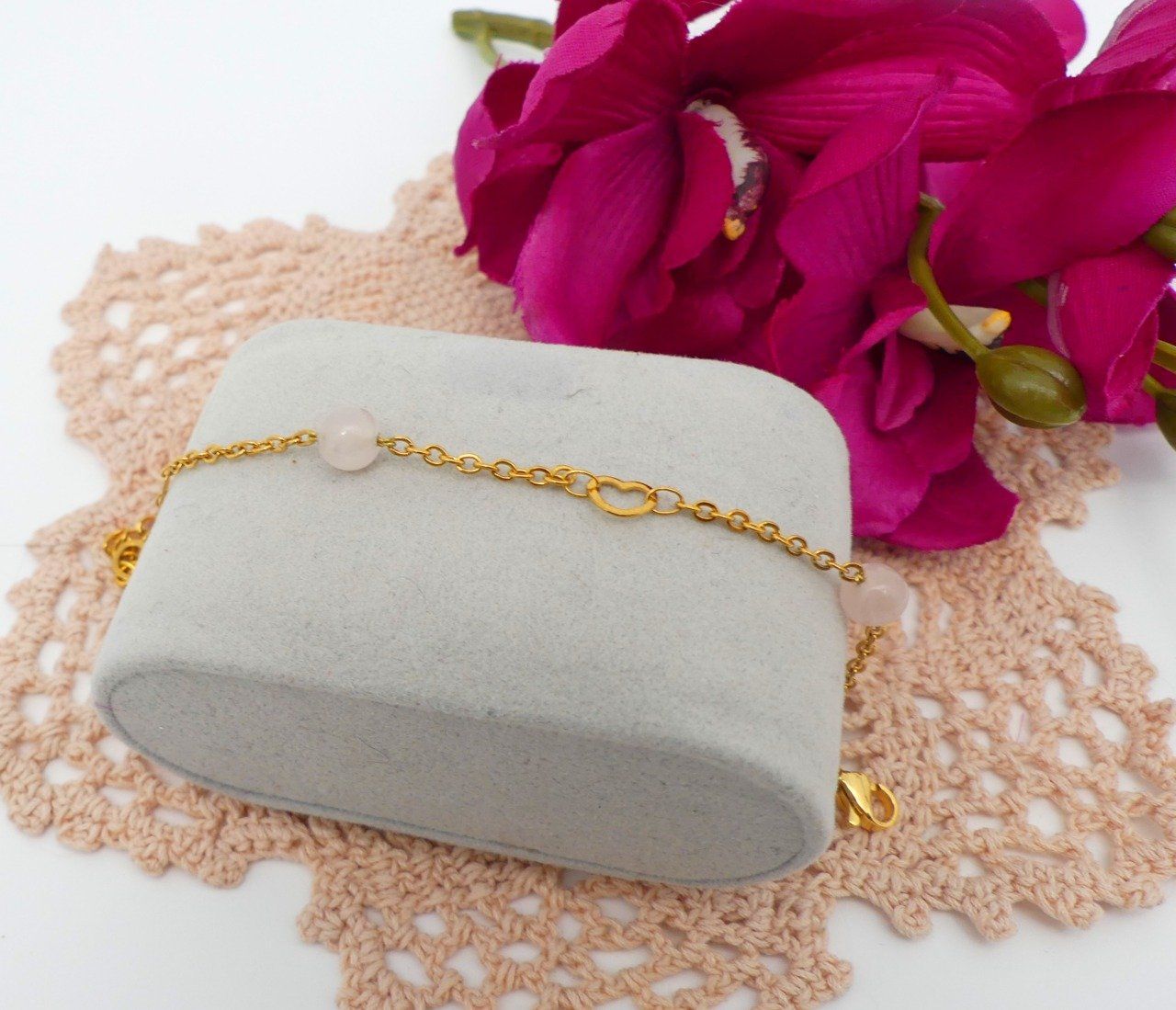bacelet acier inoxydable doré et quartz rose
