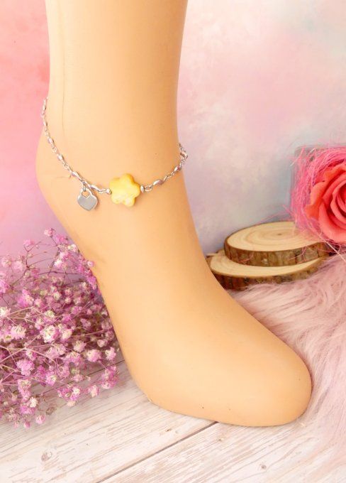 Bracelet de cheville en acier argent et nacre