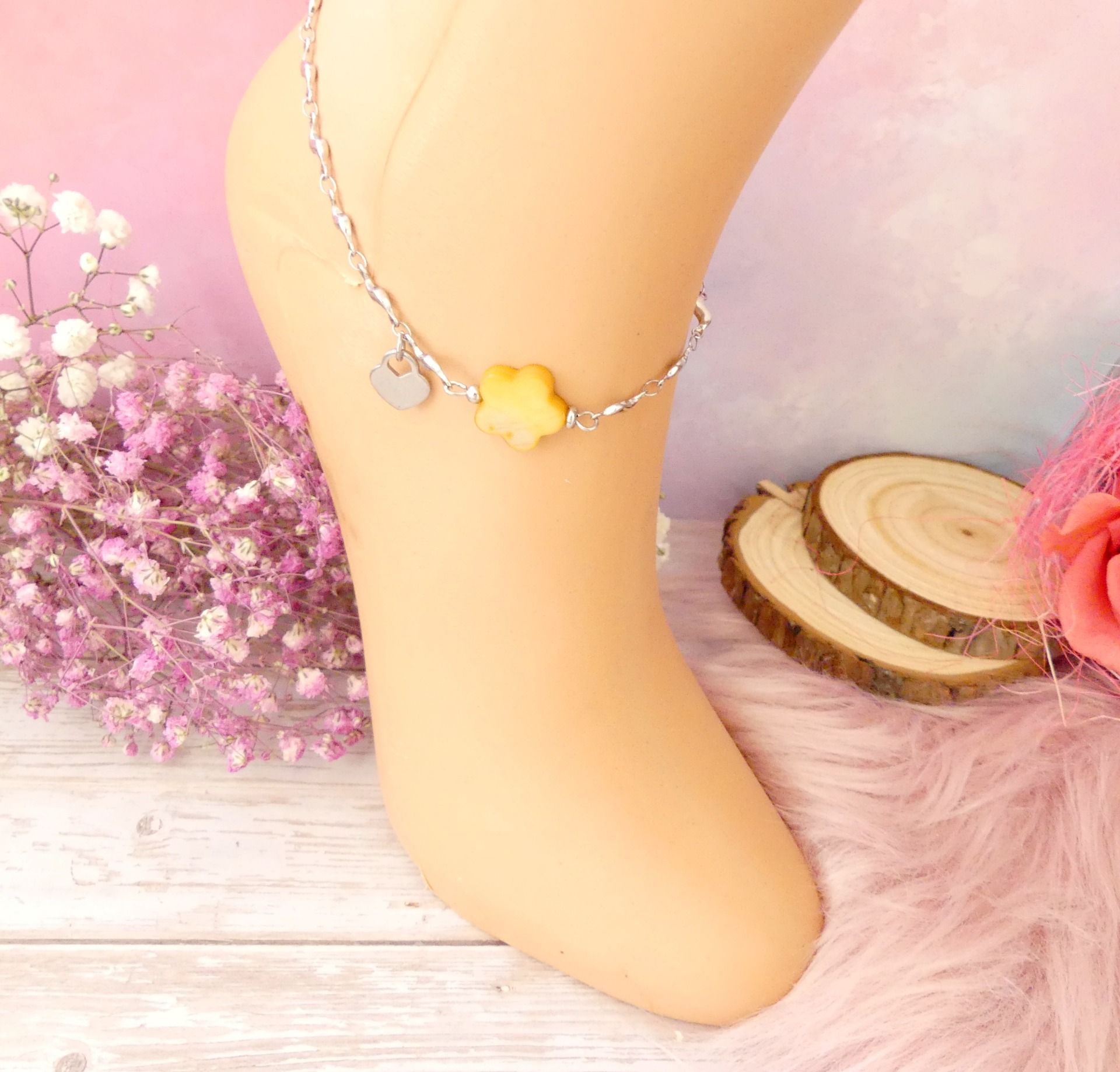 Bracelet de cheville en acier argent et nacre
