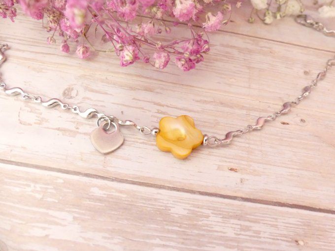 Bracelet de cheville en acier argent et nacre