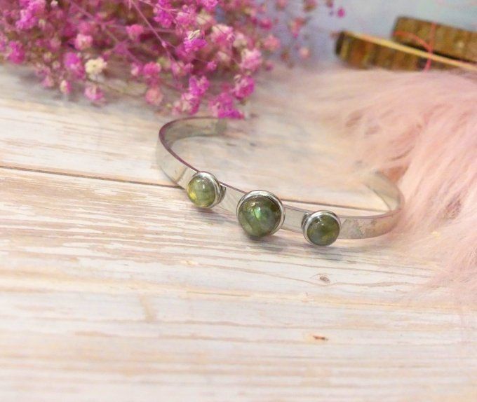 Bracelet jonc en acier argent et labradorite