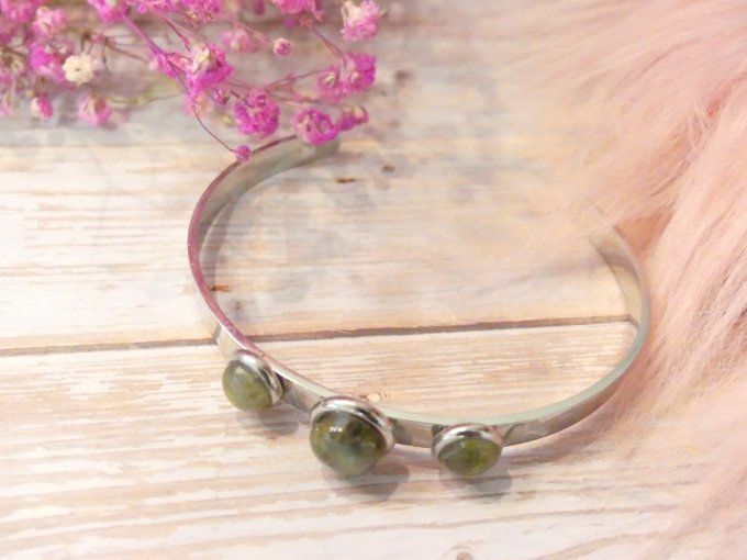 Bracelet jonc en acier argent et labradorite
