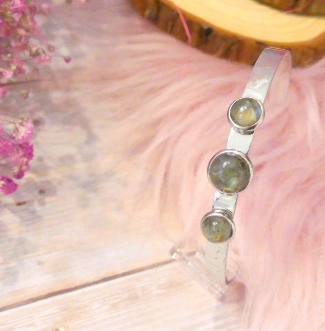 Bracelet jonc en acier argent et labradorite