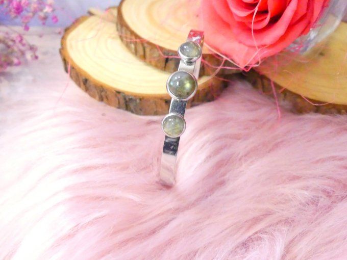 Bracelet jonc en acier argent et labradorite