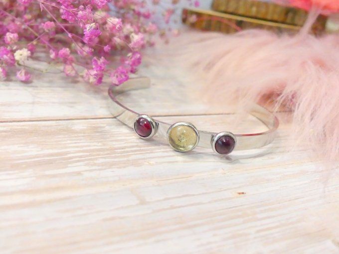 Bracelet jonc acier argent avec citrine et grenat