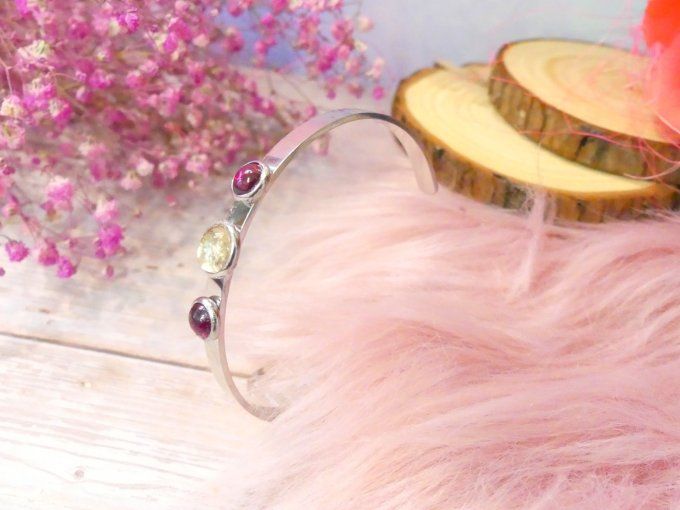 Bracelet jonc acier argent avec citrine et grenat