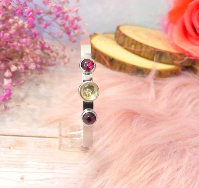 Bracelet jonc acier argent avec citrine et grenat