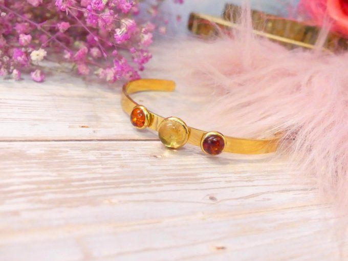 Bracelet jonc acier doré 18k avec Citrine et Ambre