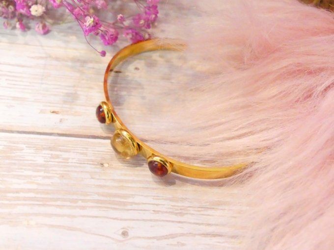 Bracelet jonc acier doré 18k avec Citrine et Ambre