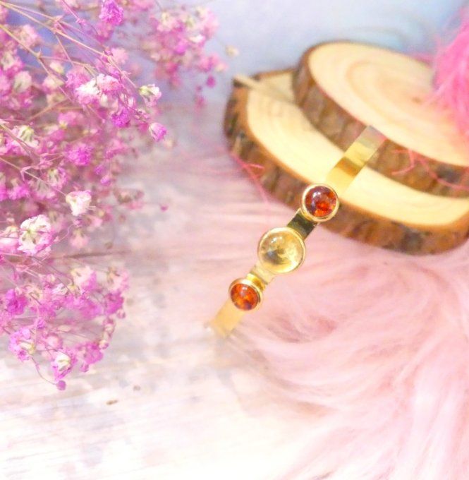 Bracelet jonc acier doré 18k avec Citrine et Ambre
