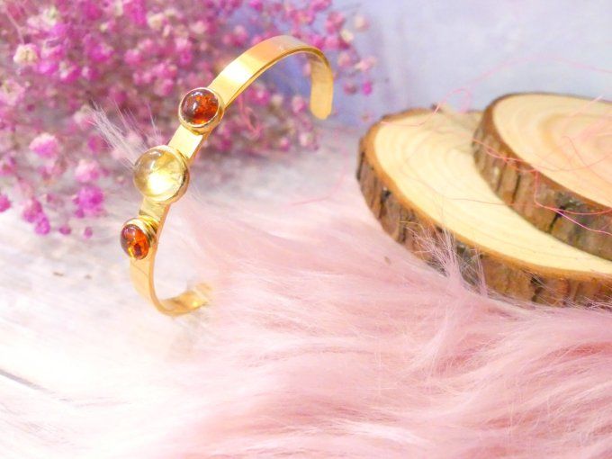 Bracelet jonc acier doré 18k avec Citrine et Ambre