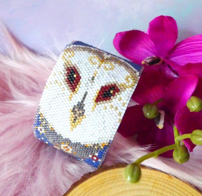 Bracelet jonc tissé perles miyuki Hibou blanc